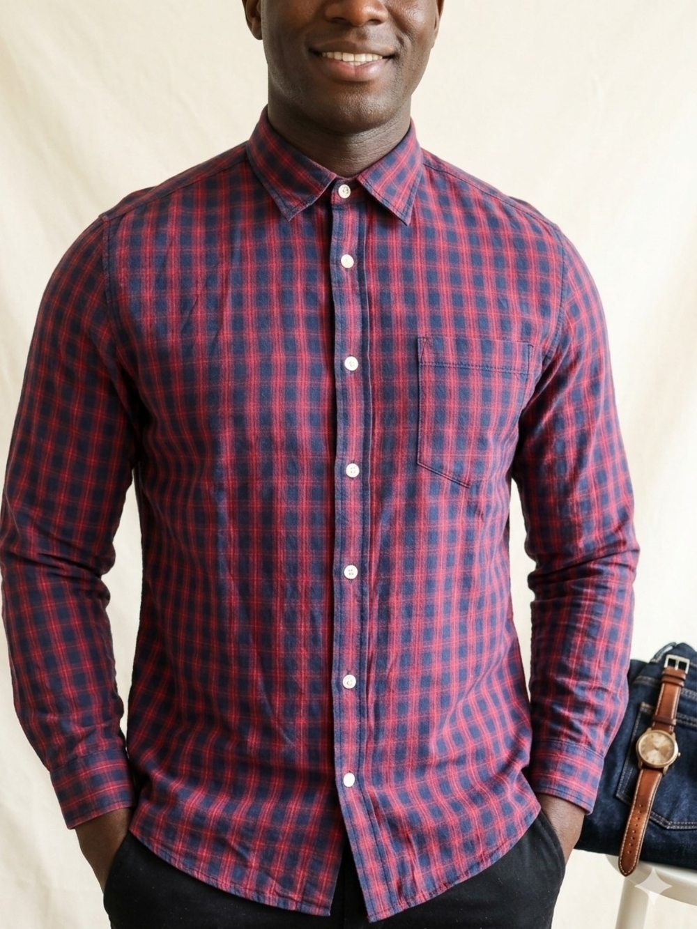 🔴 Men's Red & Navy Plaid Button-Down | Size L (Worn Twice)